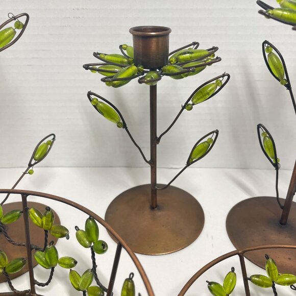 Decorative Shastra Copper & Green Beaded Candle Holder & Bowl Set Made in India - Picture 6 of 12